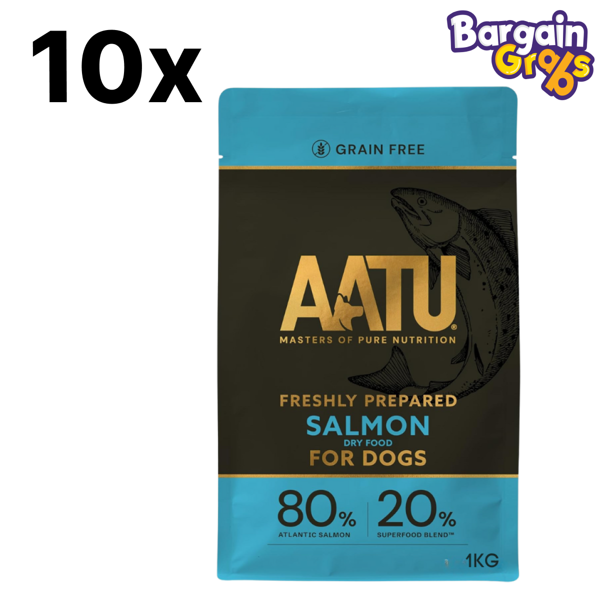 Pack of 10 AATU 80/20 Complete Dry Dog Food Salmon 1kg – high-protein, grain-free dry food with 80% salmon for optimal canine health