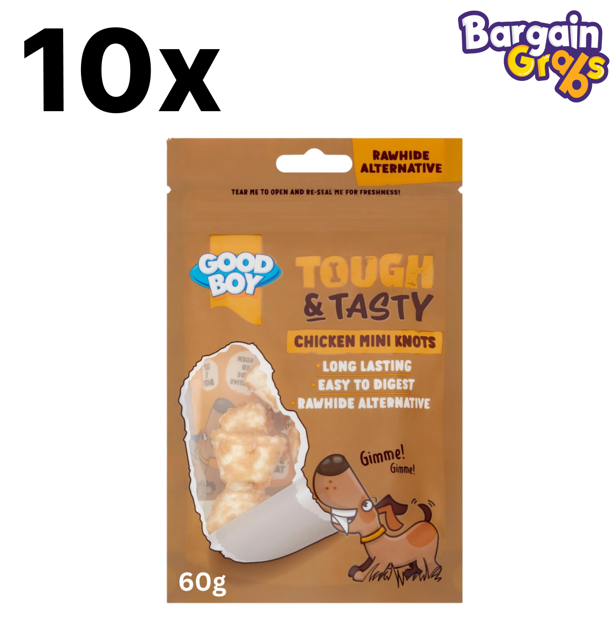 Pack of 10 Good Boy Tough & Tasty Chicken Mini Knots 60g – chewy dog treats made with real chicken for long-lasting enjoyment