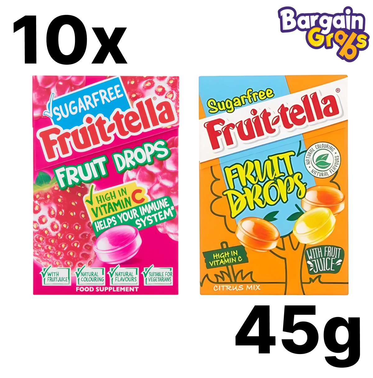10 pack of 45g Fruittella Fruit Drops in Red Berry or Citrus sugar-free flavors