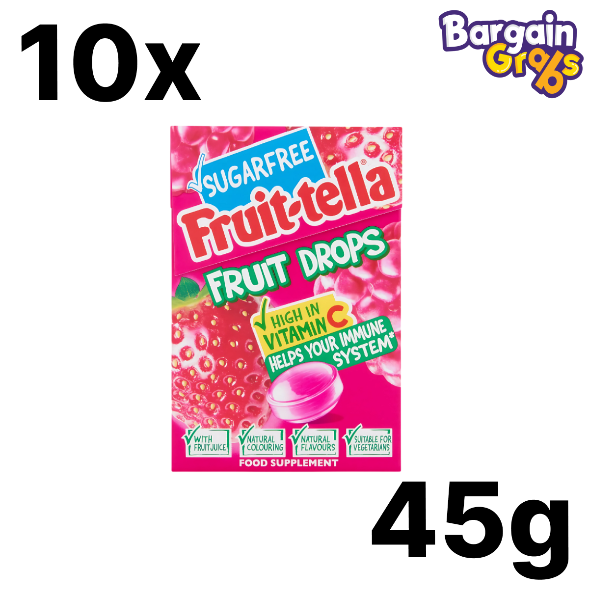 10 pack of 45g Fruittella Fruit Drops Red Berry flavor sugar-free sweets