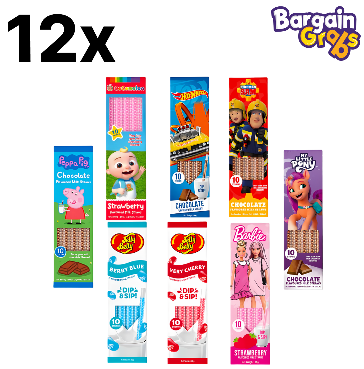 12 pack of Dip & Sip Milk Straws 60g with assorted characters and flavours