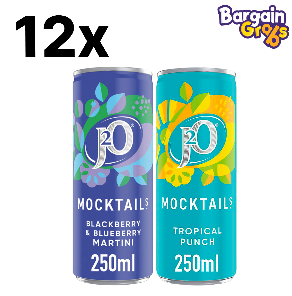 12 pack of J2O Mocktail Sparkling Fruit Drink 250ml in Blackberry & Blueberry Martini or Tropical Punch flavours