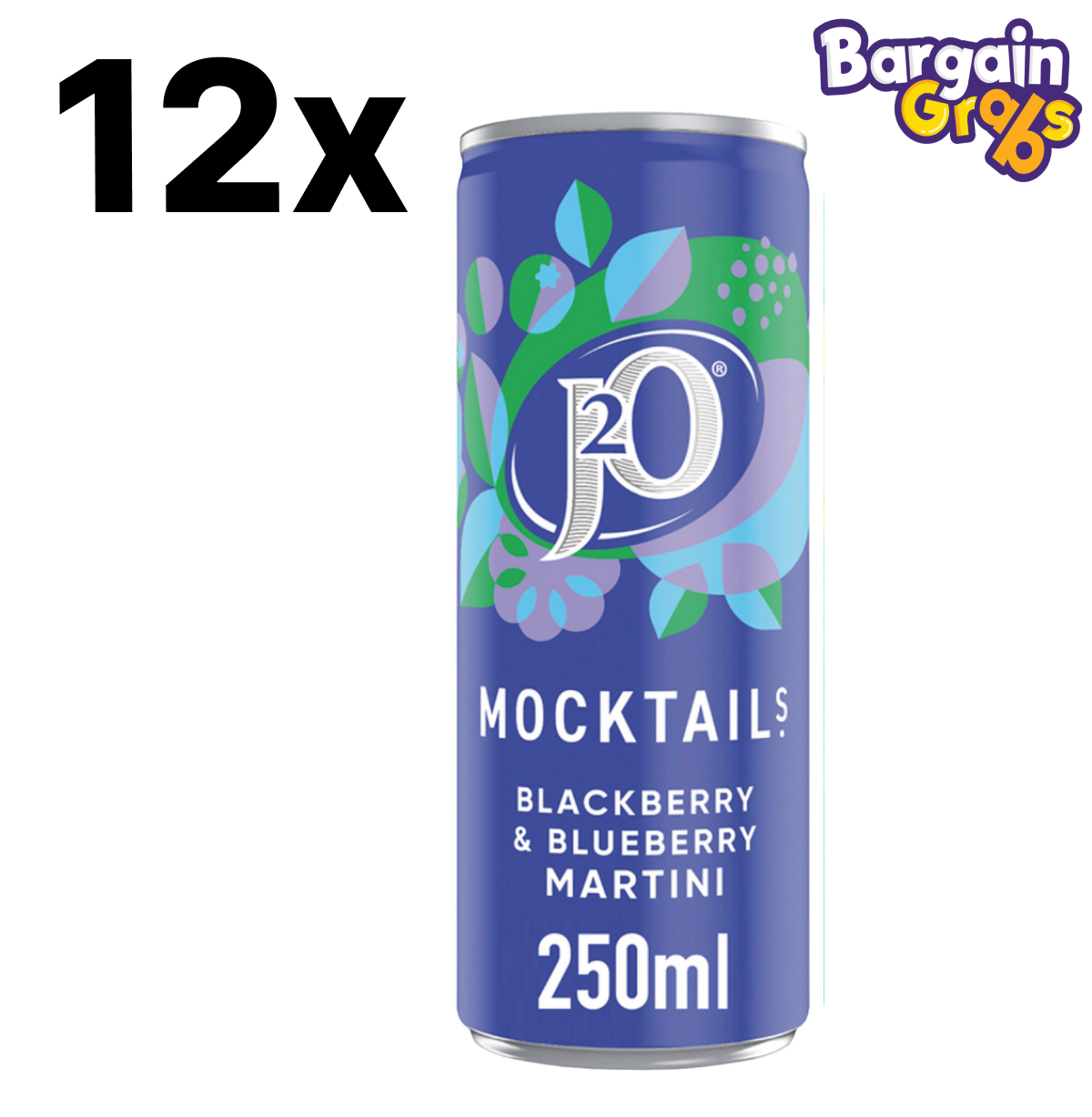 12 pack of J2O Mocktail Sparkling Fruit Drink 250ml in Blackberry & Blueberry Martini flavour