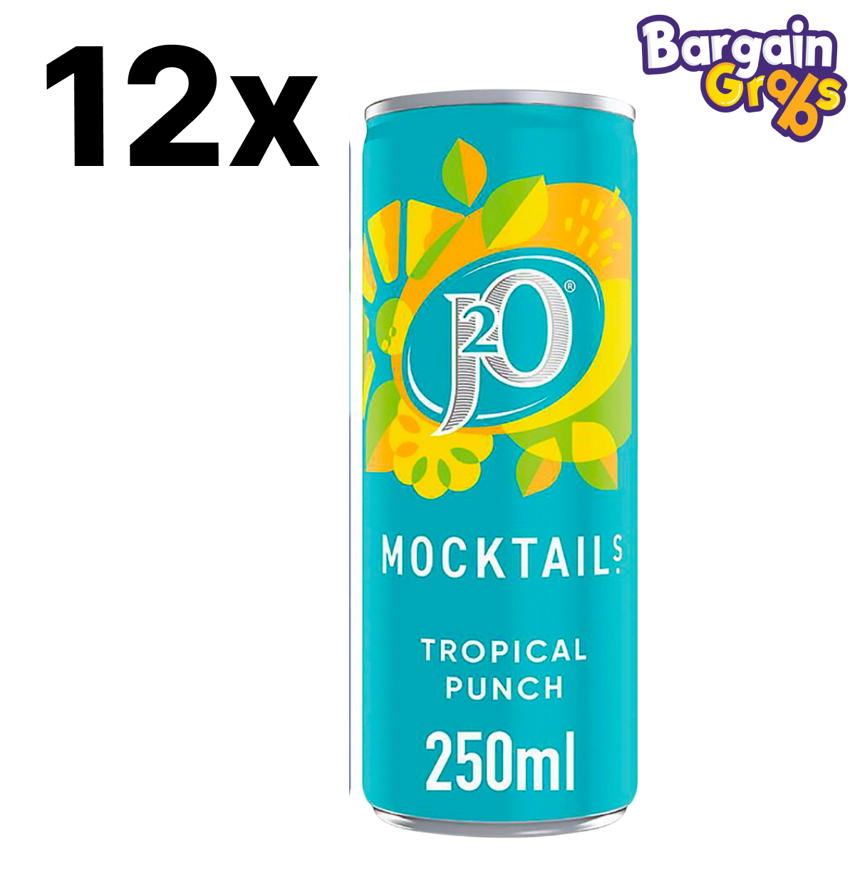 12 pack of J2O Mocktail Sparkling Fruit Drink 250ml in Tropical Punch flavour