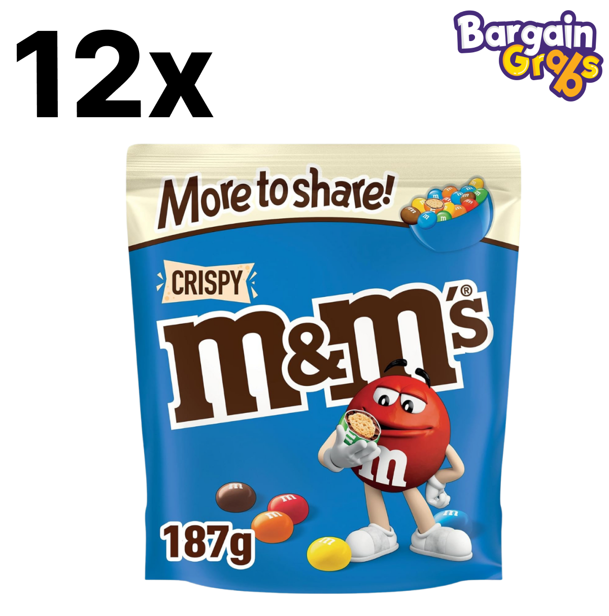 12 x 187g M&M’s Crispy – crunchy milk chocolate candies with a crispy centre, perfect for sharing or snacking