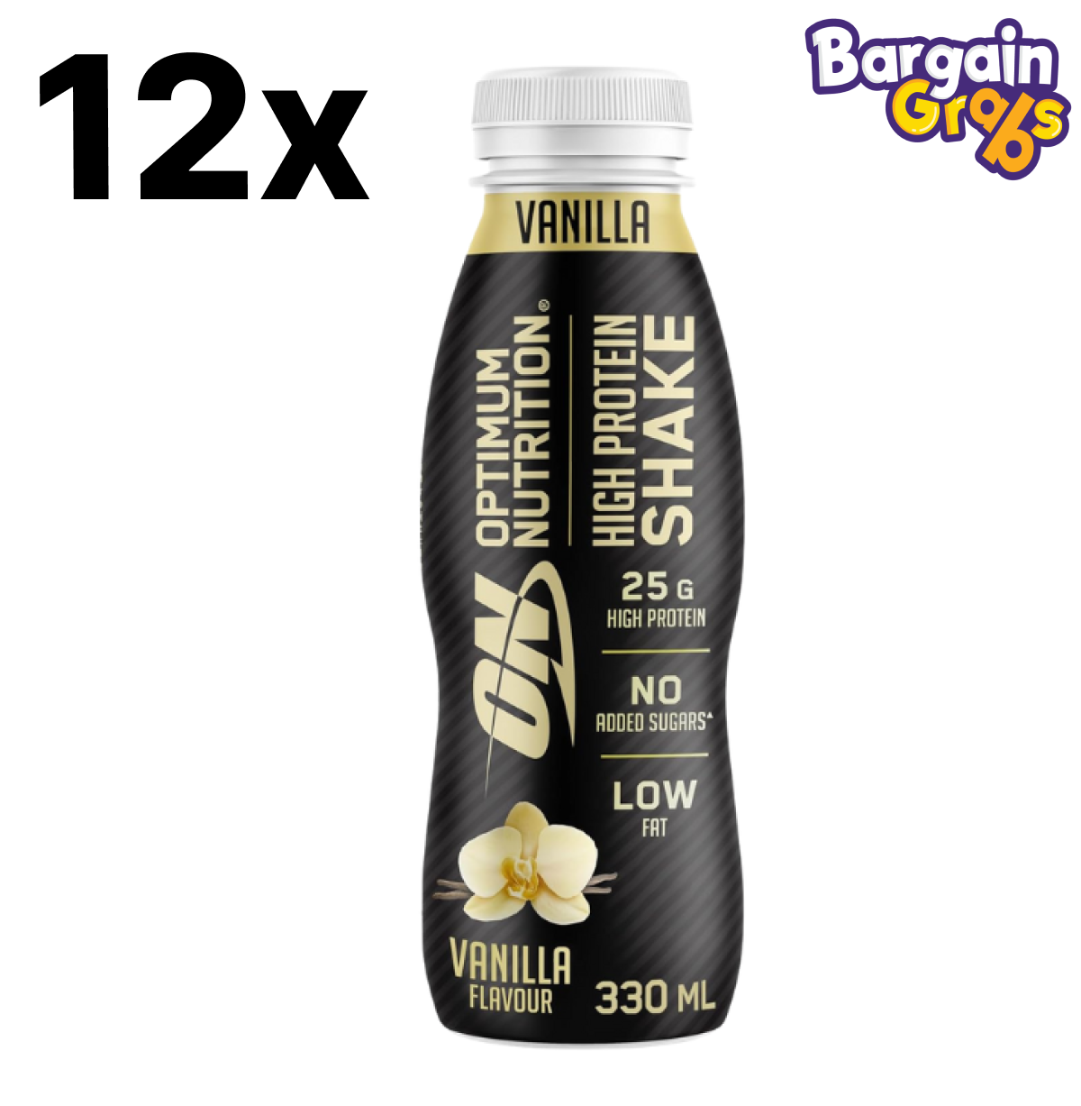 Pack of 12 Optimum Nutrition Vanilla Protein Shakes 330ml – ready-to-drink high-protein beverage for muscle recovery and nutrition