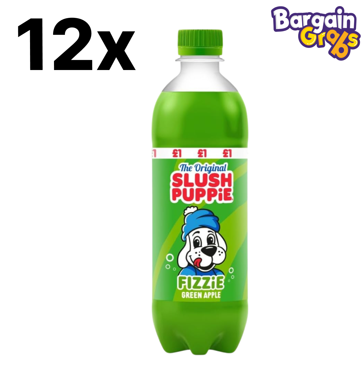 12 x 500ml Slush Puppie Fizzie Green Apple – fizzy soft drink with a crisp green apple flavour, cool and refreshing