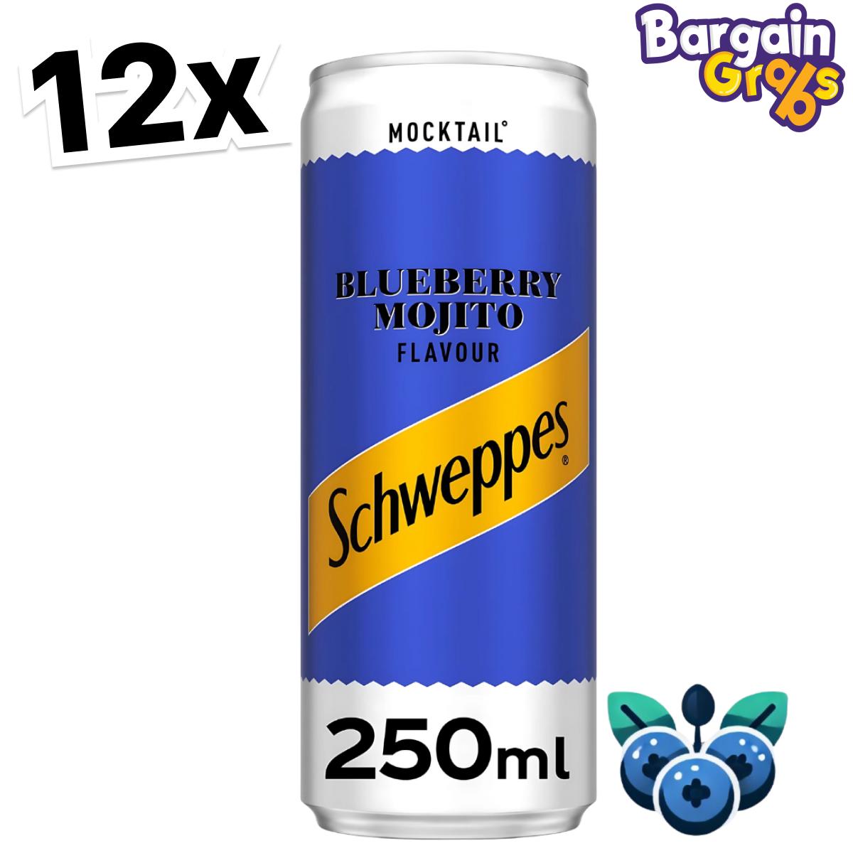 12 pack of 250ml Schweppes Mojito Blueberry – refreshing fizzy mocktail drink with mint and blueberry flavour