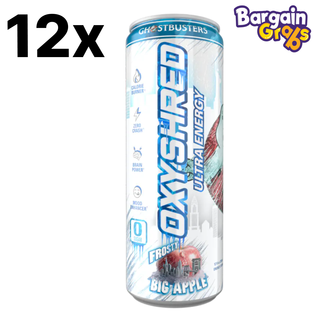 12 pack of 355ml OxyShred Ultra Energy Drinks – Frosty Big Apple flavour for refreshing taste, clean energy, and fat-burning support