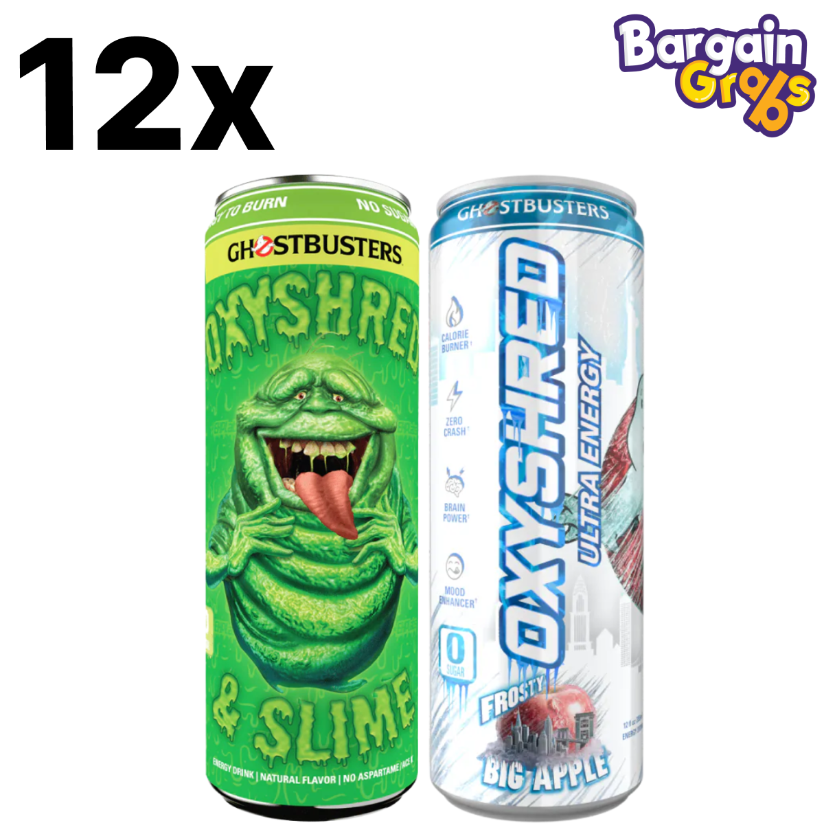 12 pack of 355ml OxyShred Ultra Energy Drinks – Slimer Lime or Frosty Big Apple flavours for clean energy and focus