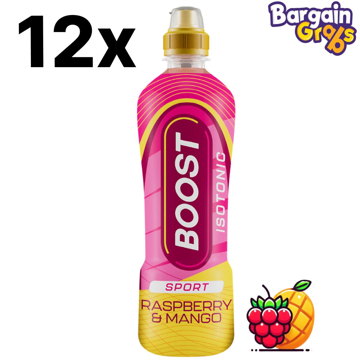 12 pack of 500ml Boost Sport Raspberry & Mango – flavored isotonic sports drinks for hydration and energy