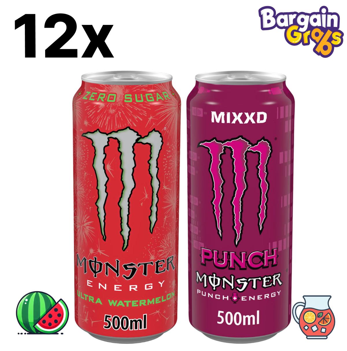 12 pack of 500ml Monster Energy Drinks in Ultra Watermelon or Mixed Punch sugar-free flavors