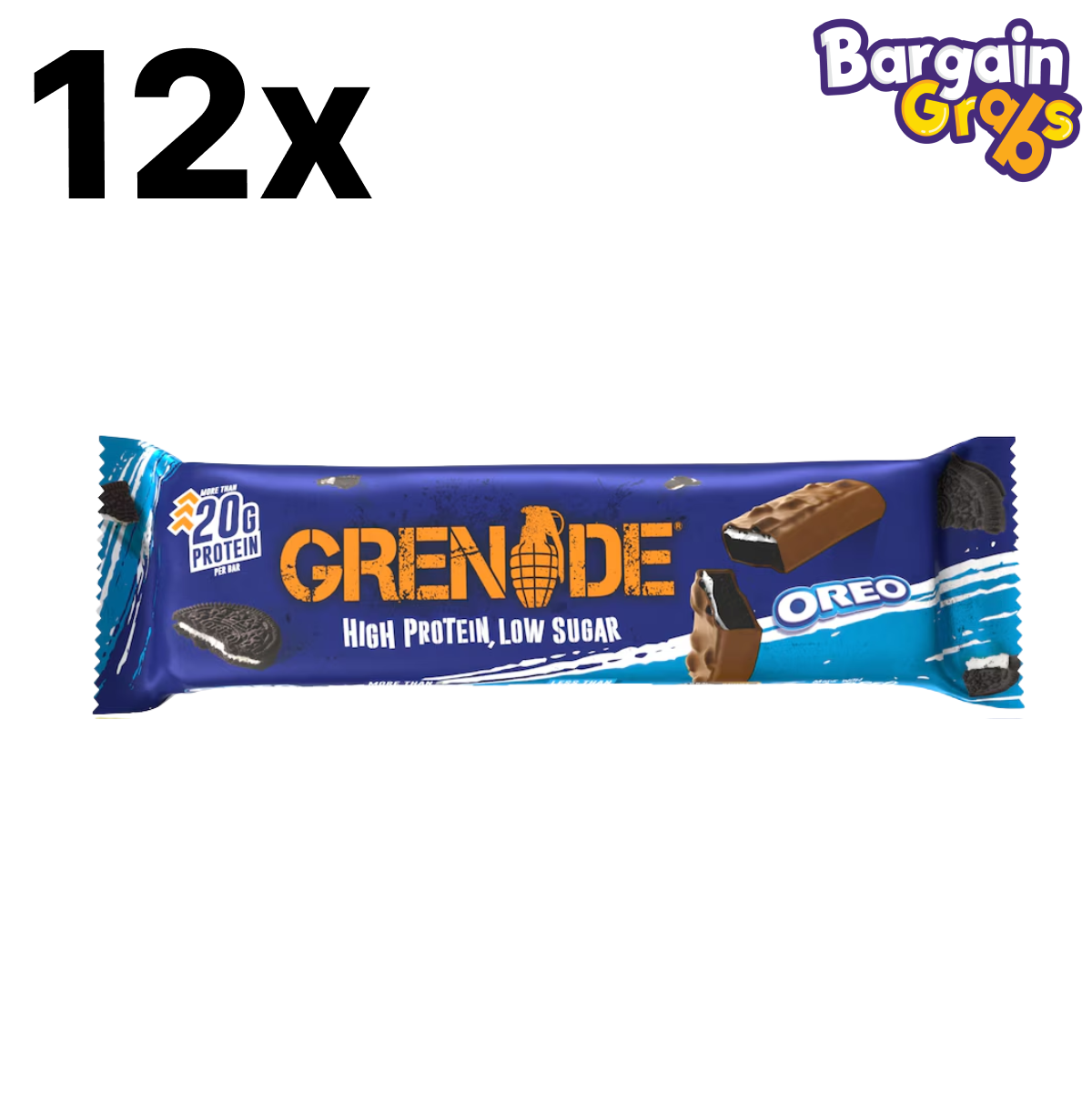 12 pack of 60g Grenade Oreo Protein Bars – high-protein bar with authentic Oreo flavour and low sugar