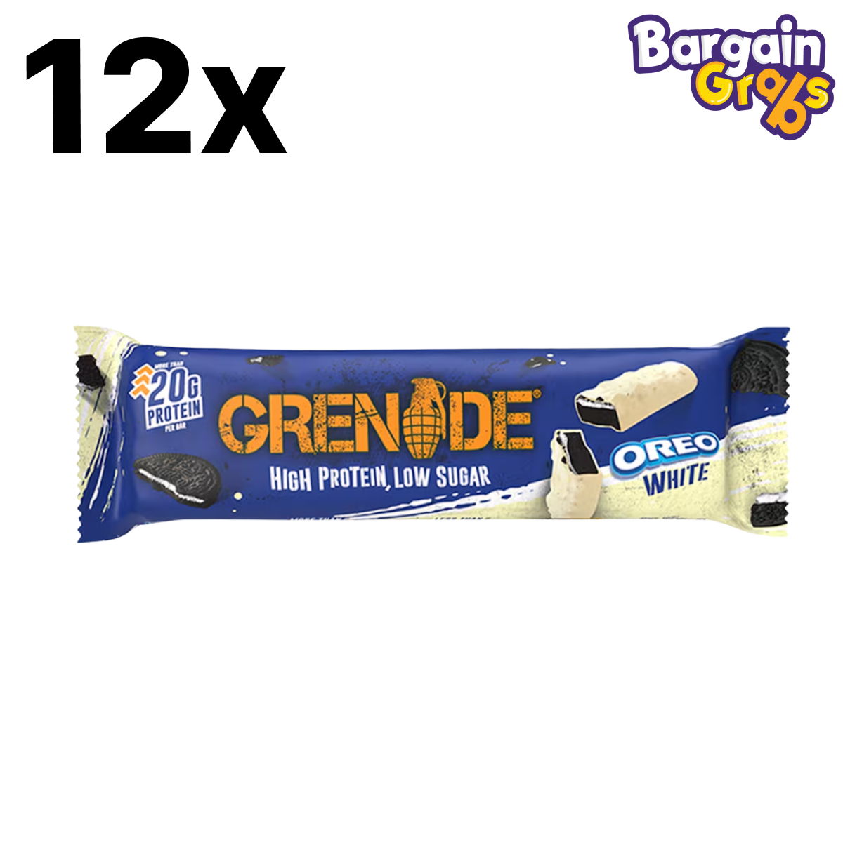 12 pack of 60g Grenade Oreo White Protein Bars – high-protein snack bar with white chocolate and classic Oreo cookie taste