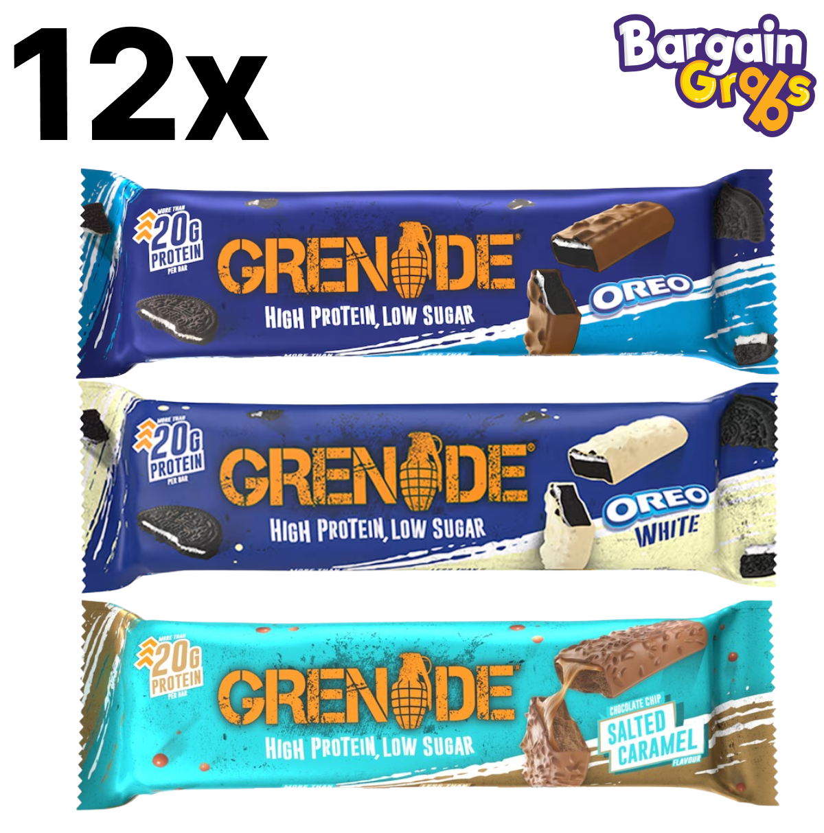12 pack of 60g Grenade Protein Bars – choose from Chocolate Chip Salted Caramel, Oreo, or Oreo White for a high-protein snack