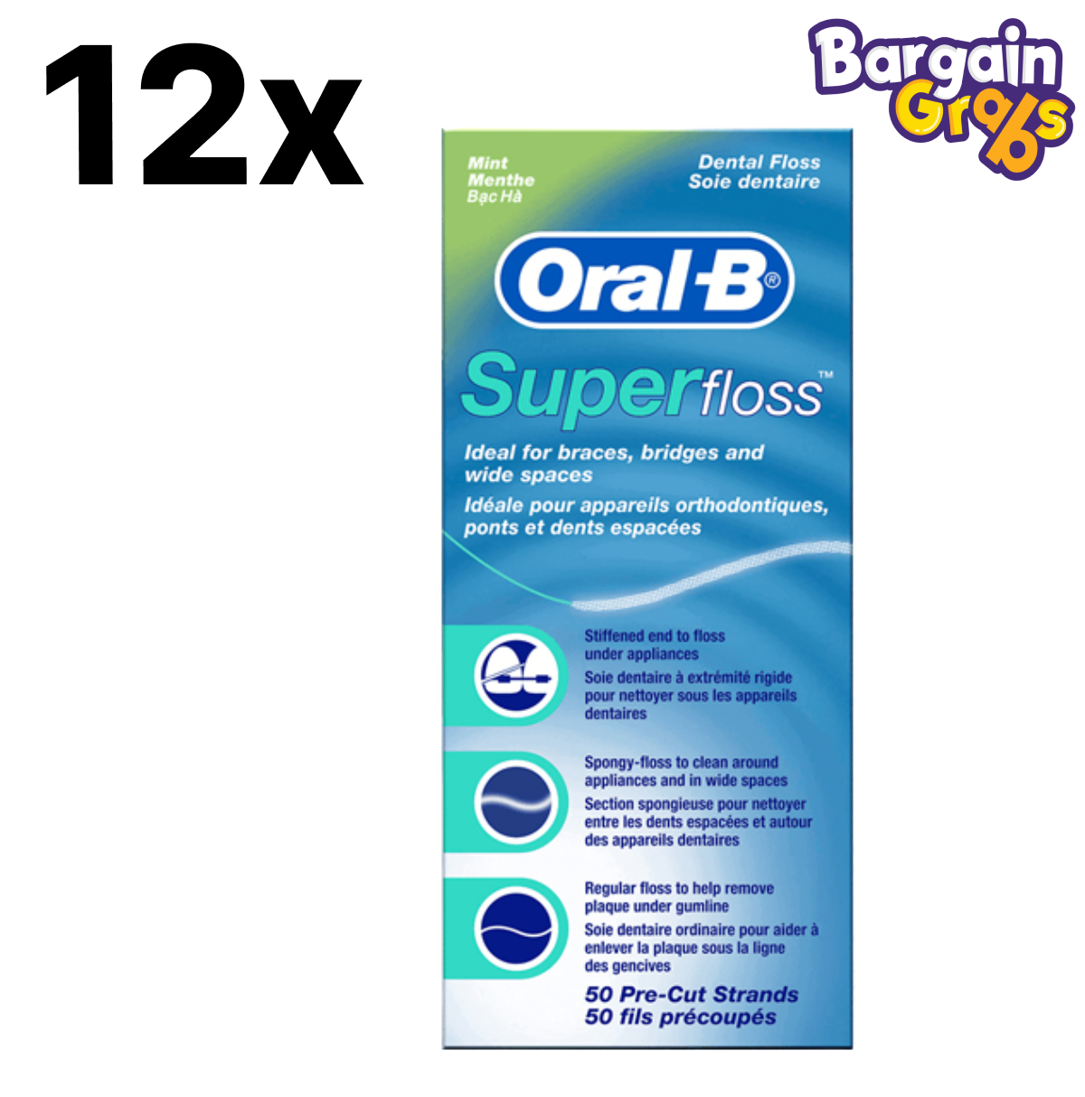 12 packs of Oral-B Super Floss Dental Threaders with 50 pre-cut strands each