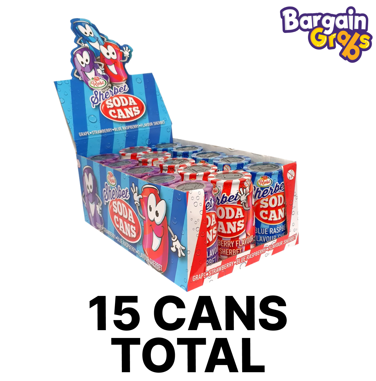 15 x 35g Rose Sherbet Soda Cans – fizzy sherbet drink in apple, cherry, and blue raspberry flavours