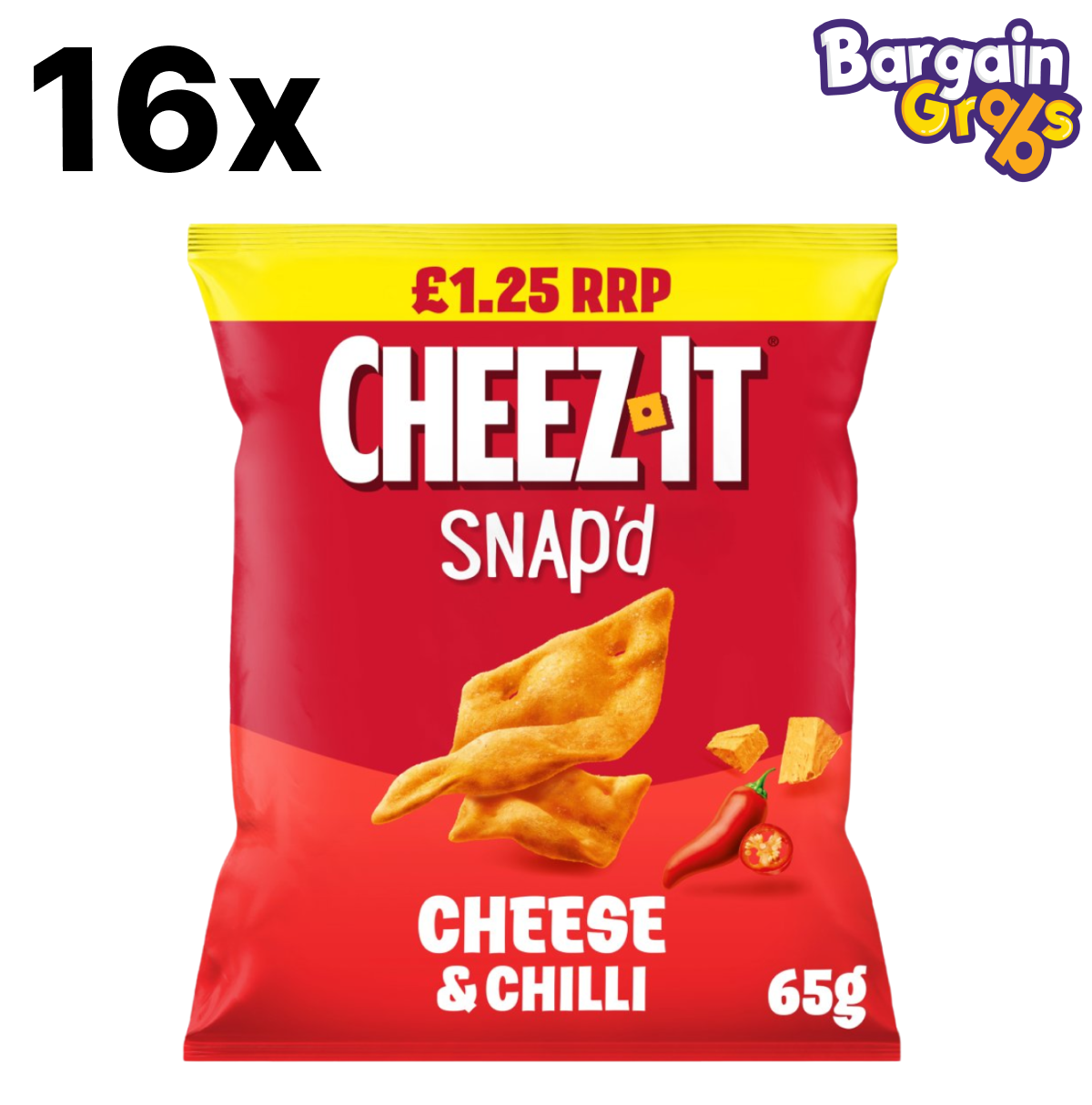 Box of 16 Cheez-It SNAP'D Cheese & Chilli 65g packs – bold, crunchy cheese snacks with a spicy kick