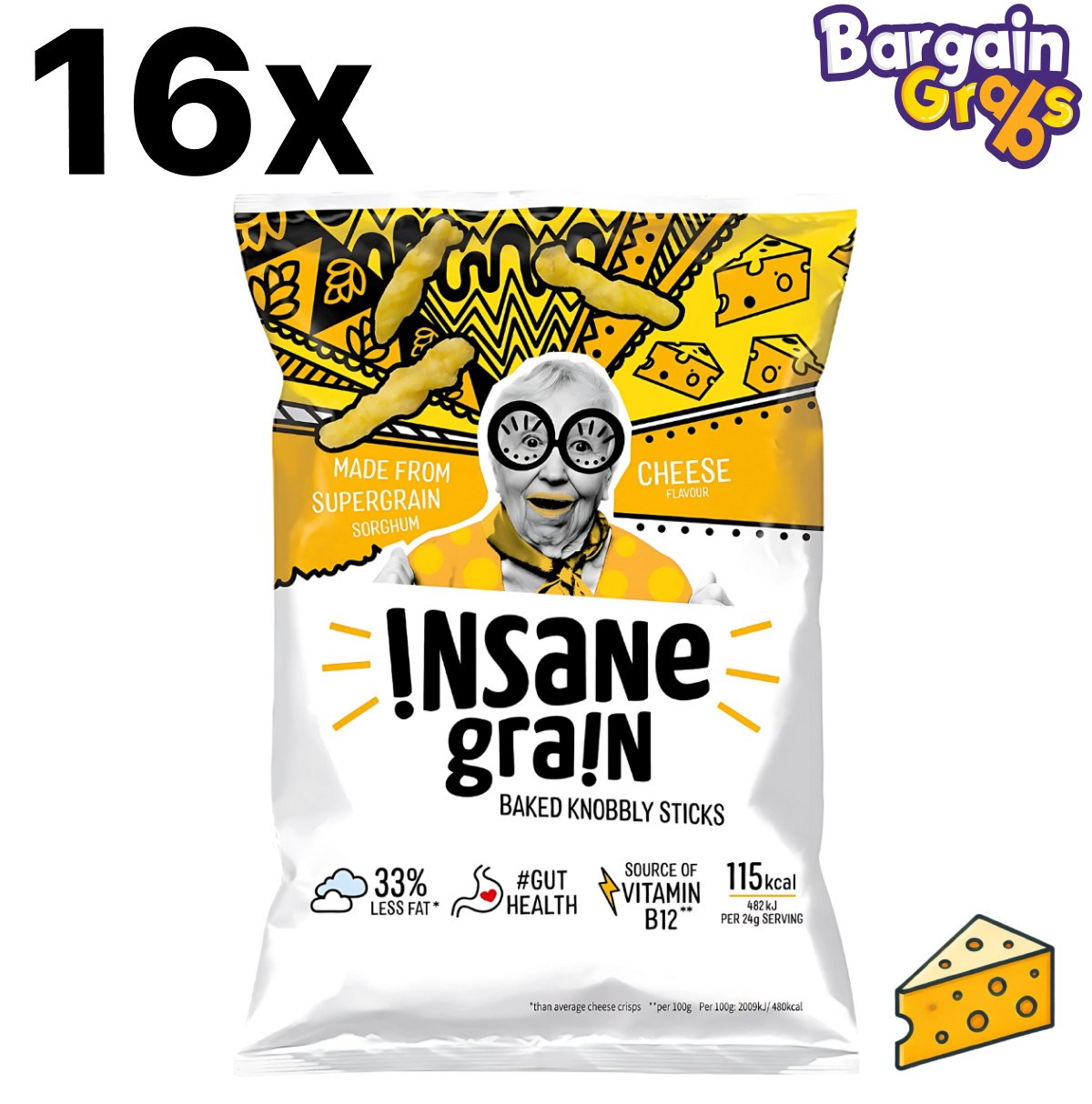 16 pack of 24g Insane Grain Baked Knobbly Sticks – cheese flavour healthy snack with gut-friendly ingredients