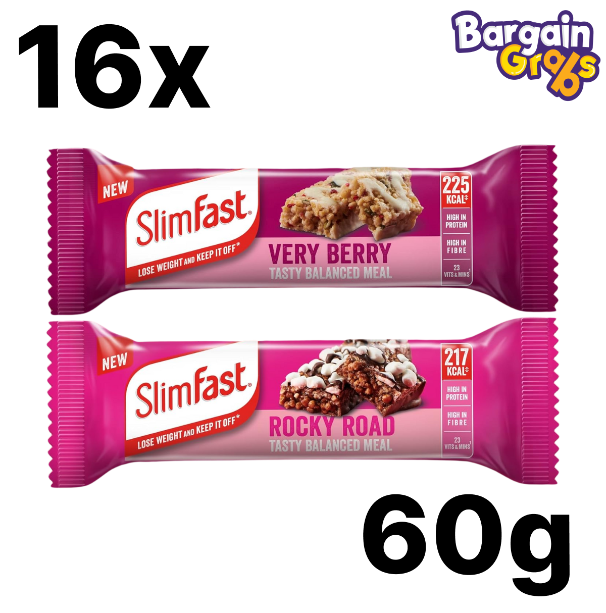 16 pack of 60g SlimFast Meal Bars in Very Berry or Rocky Road flavour