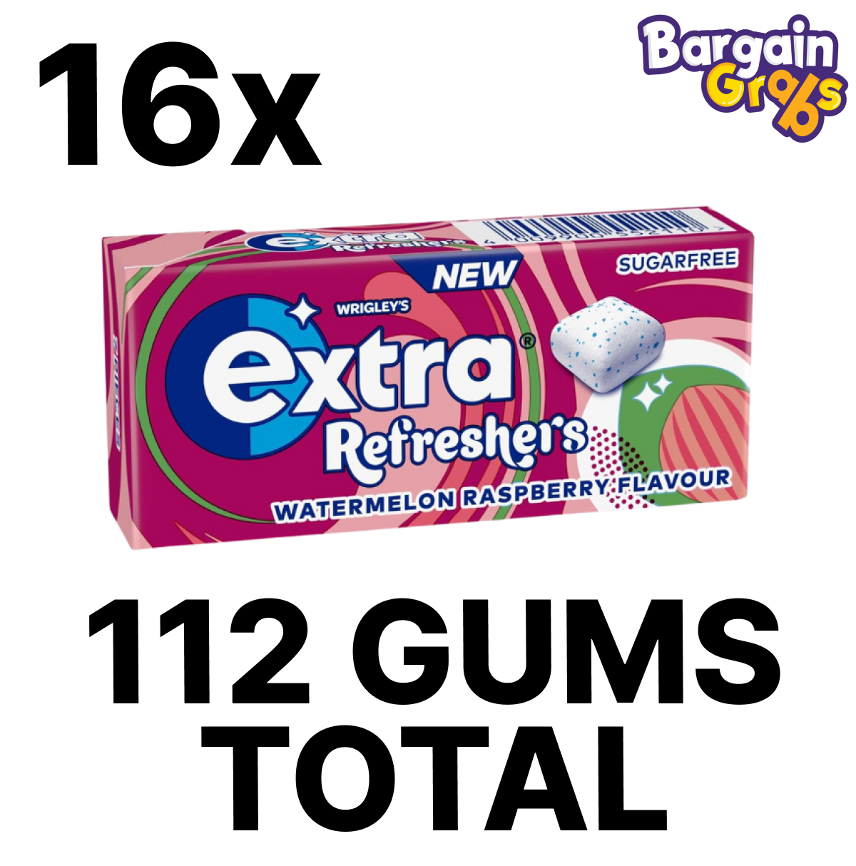 16 packs of 7 Extra Refreshers Watermelon Raspberry Flavour Sugarfree Chewing Gum – long-lasting fruity freshness with no sugar
