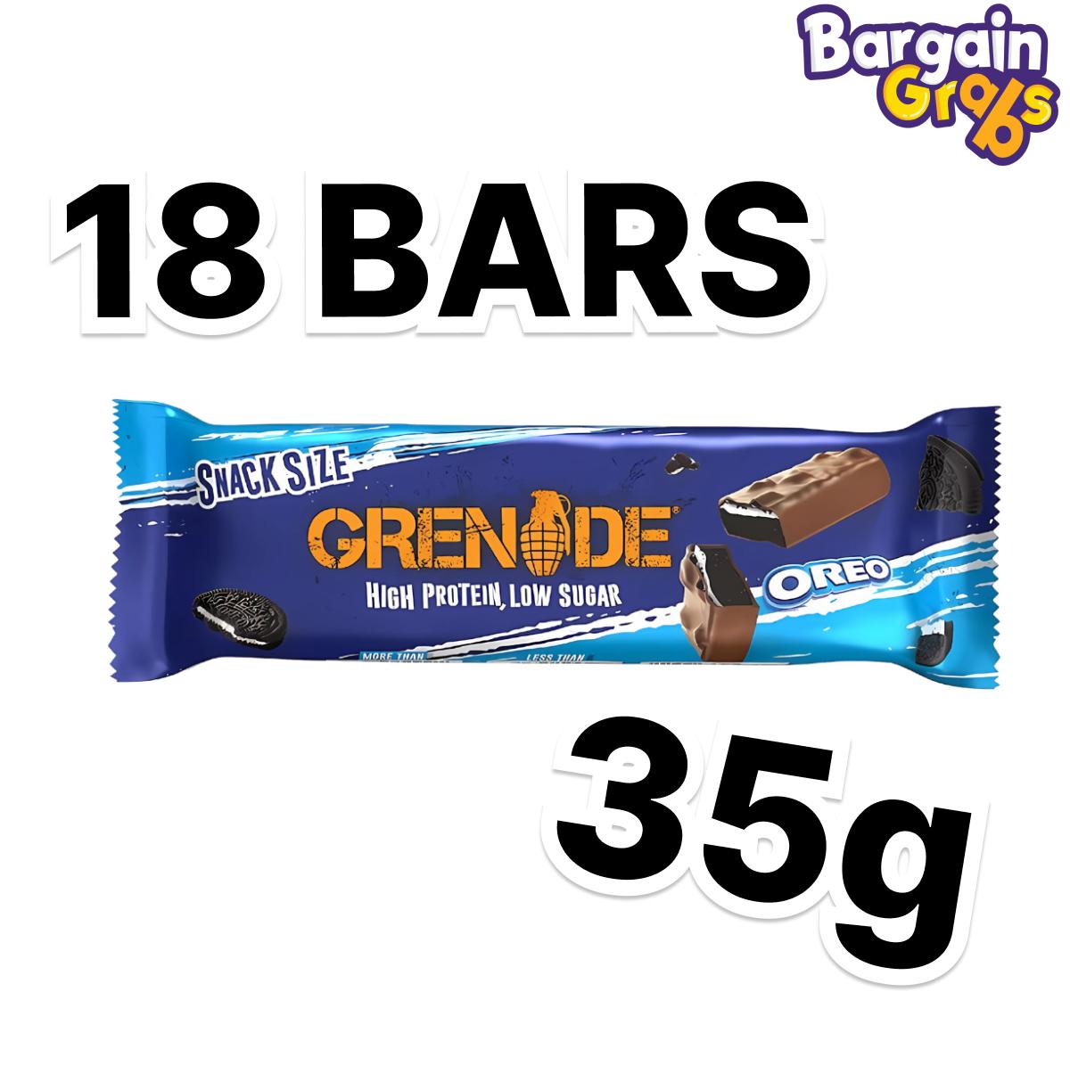 18 pack of 35g Grenade Oreo Protein Bars – high-protein, low-sugar snack with cookies and cream flavour