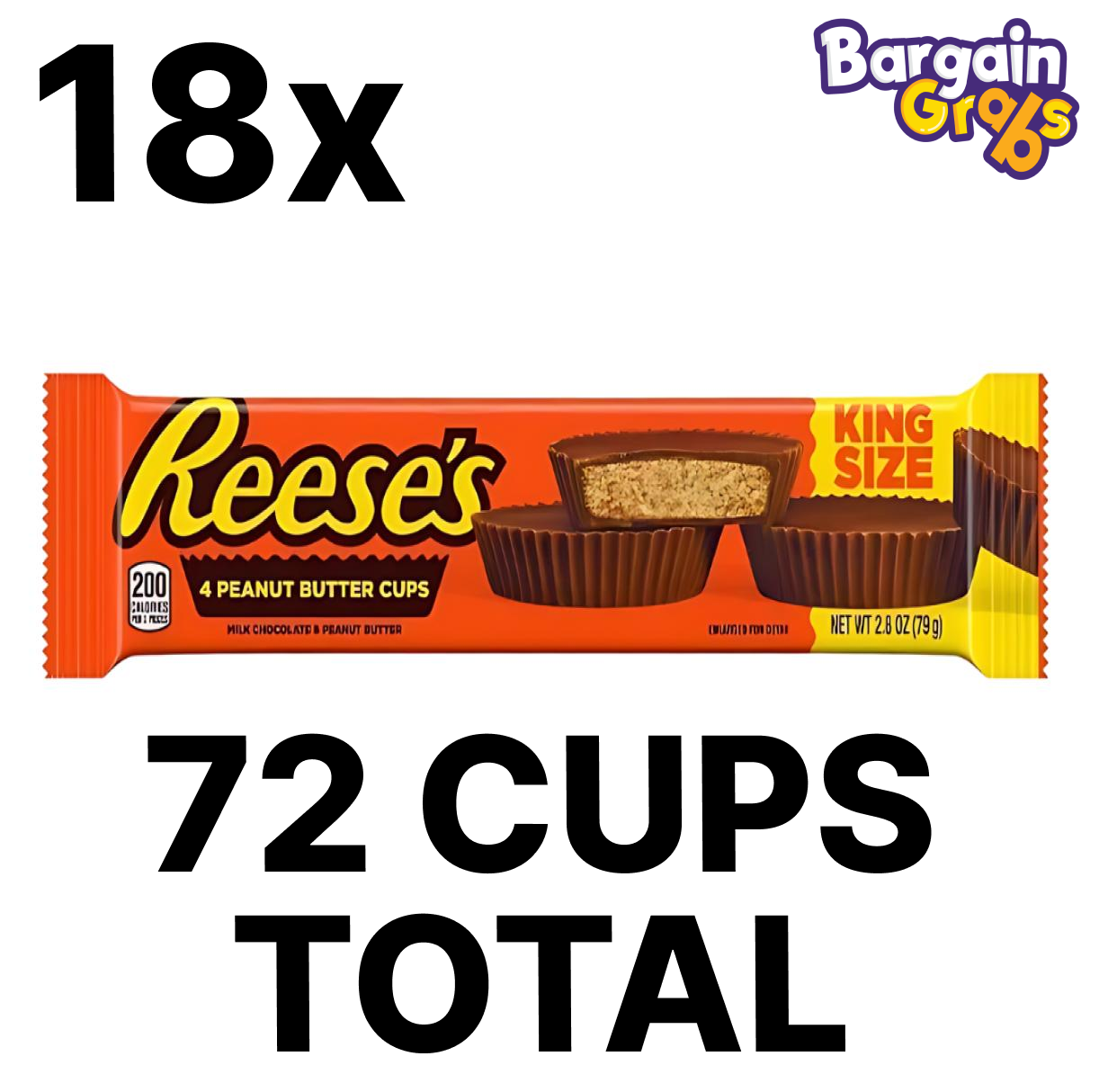 18 packs of 79g Reese's Milk Chocolate King Size Peanut Butter Cups – total of 72 rich milk chocolate peanut butter cups
