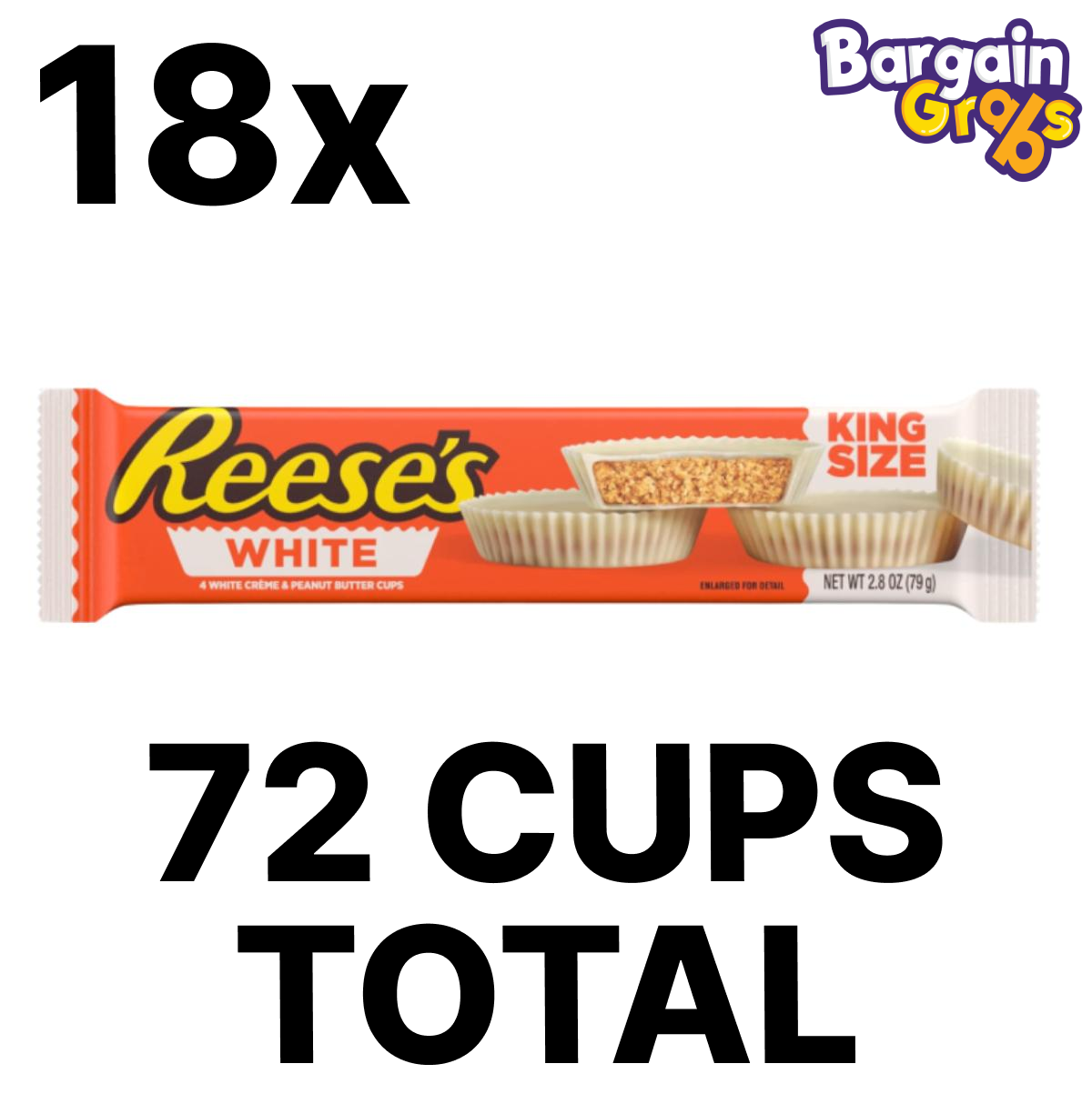 18 packs of 79g Reese's White King Size Peanut Butter Cups – total of 72 creamy white chocolate peanut butter cups