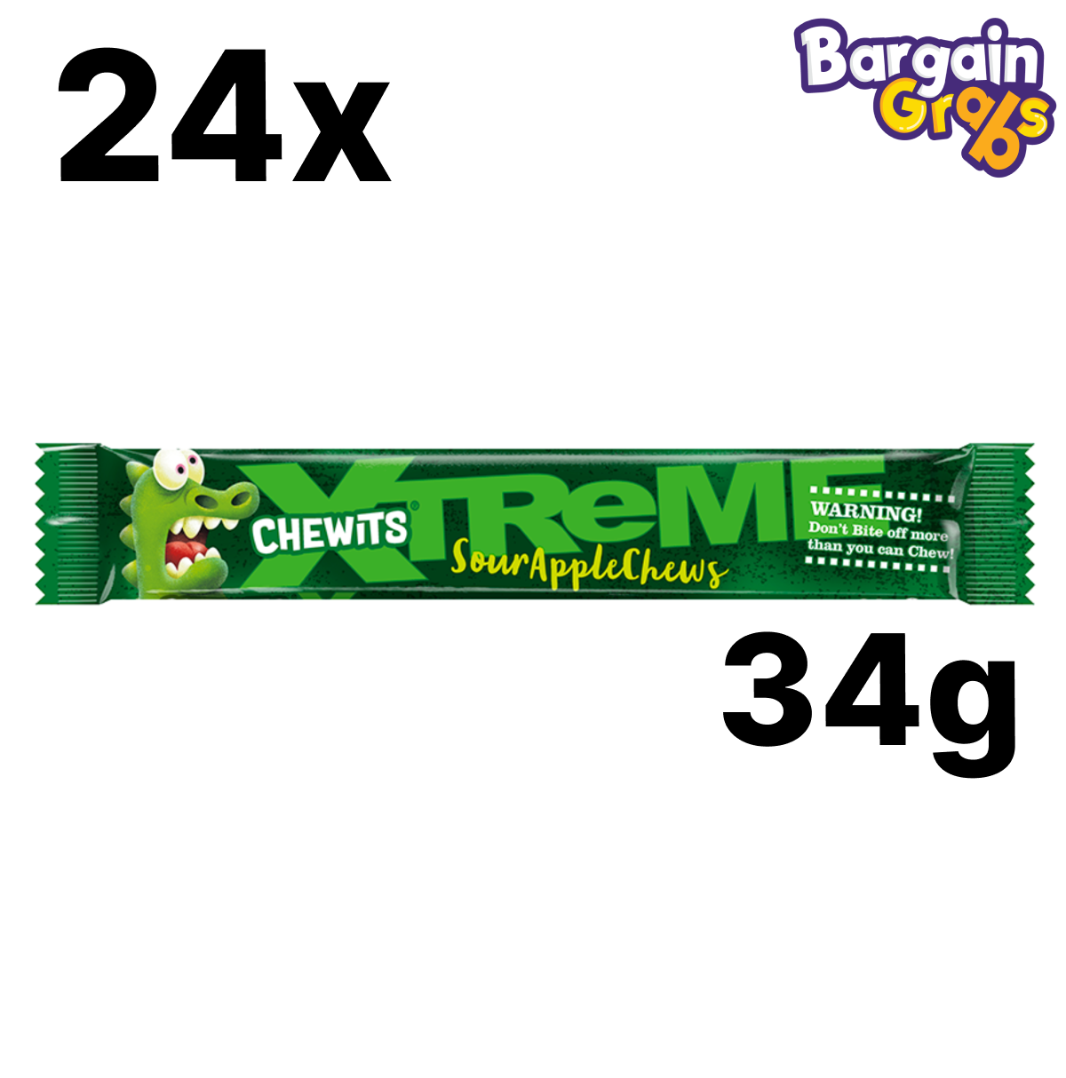 24 pack of Chewits Xtreme Sour Apple chews 34g each