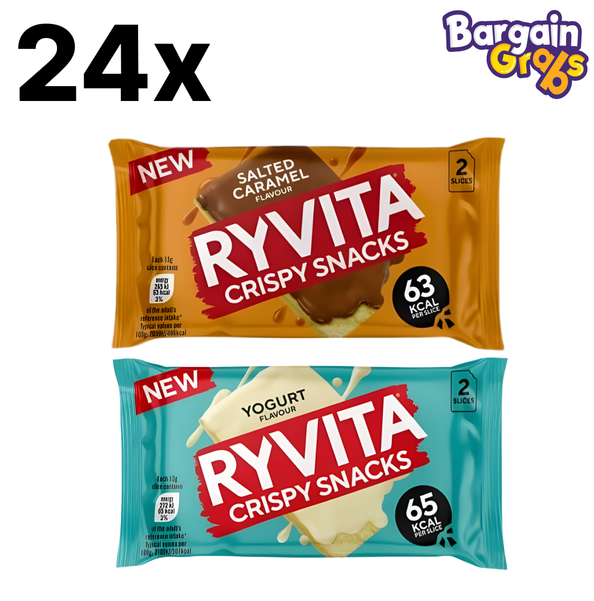 24 x Ryvita Crispy Snacks – assorted pack with Salted Caramel (20g) and Yogurt Flavour (26g) wholegrain snack thins