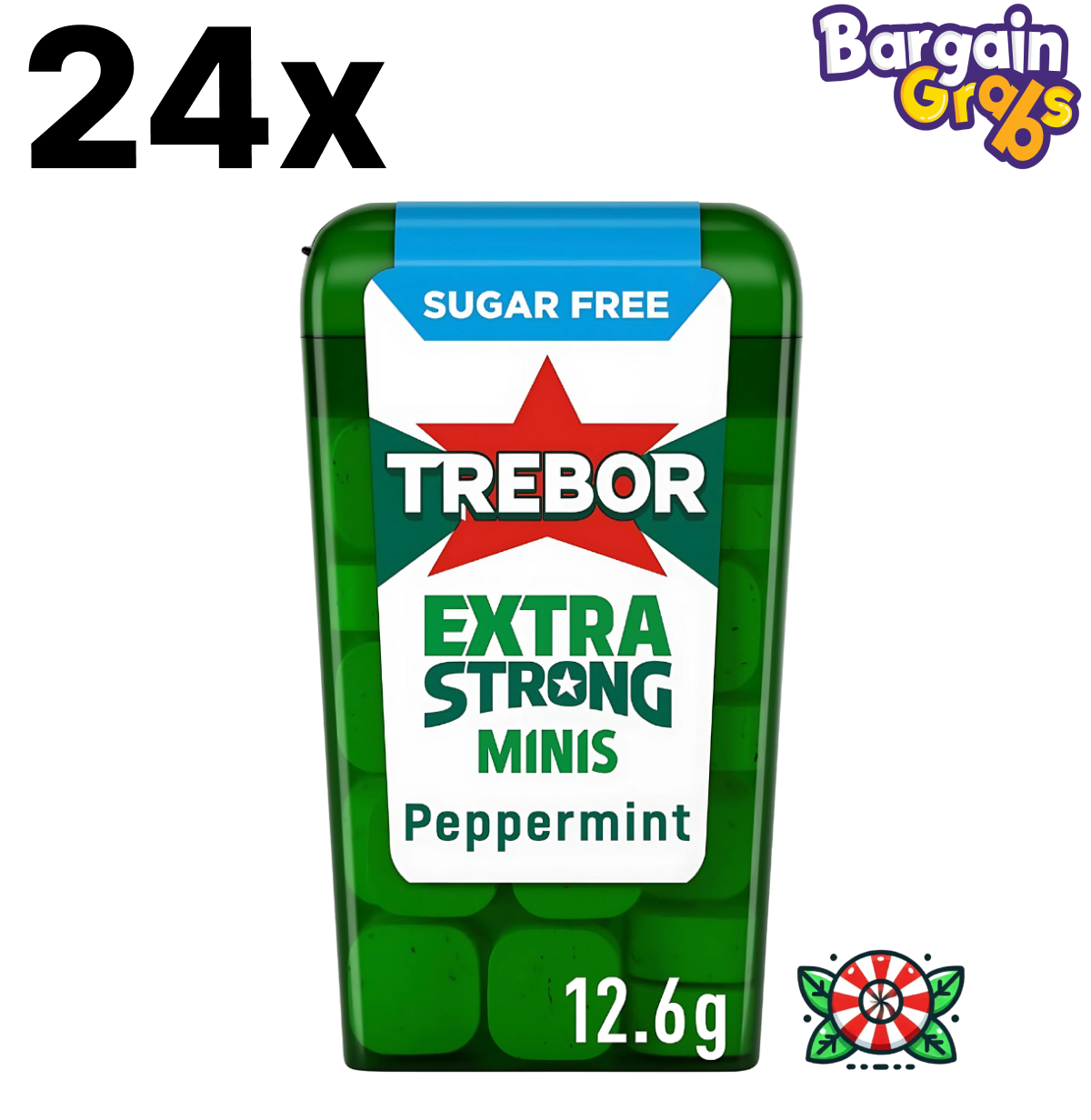 24 pack of 12.6g Trebor Extra Strong Minis – powerful peppermint mints in pocket-sized packs for fresh breath on the go