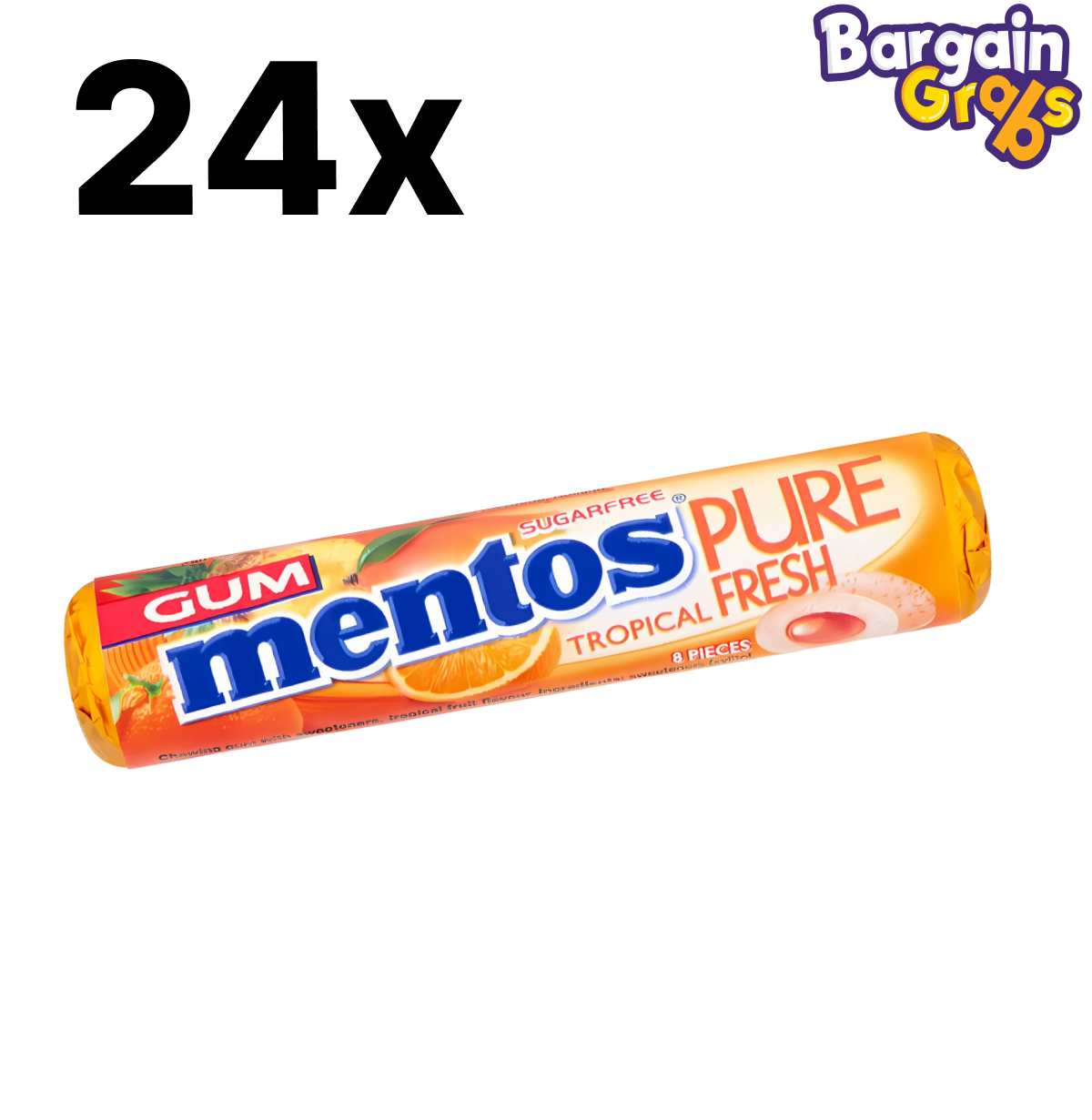24 pack of 15.5g Mentos Tropical Sugar-Free Gum – long-lasting fruity chewing gum in pocket-sized packs
