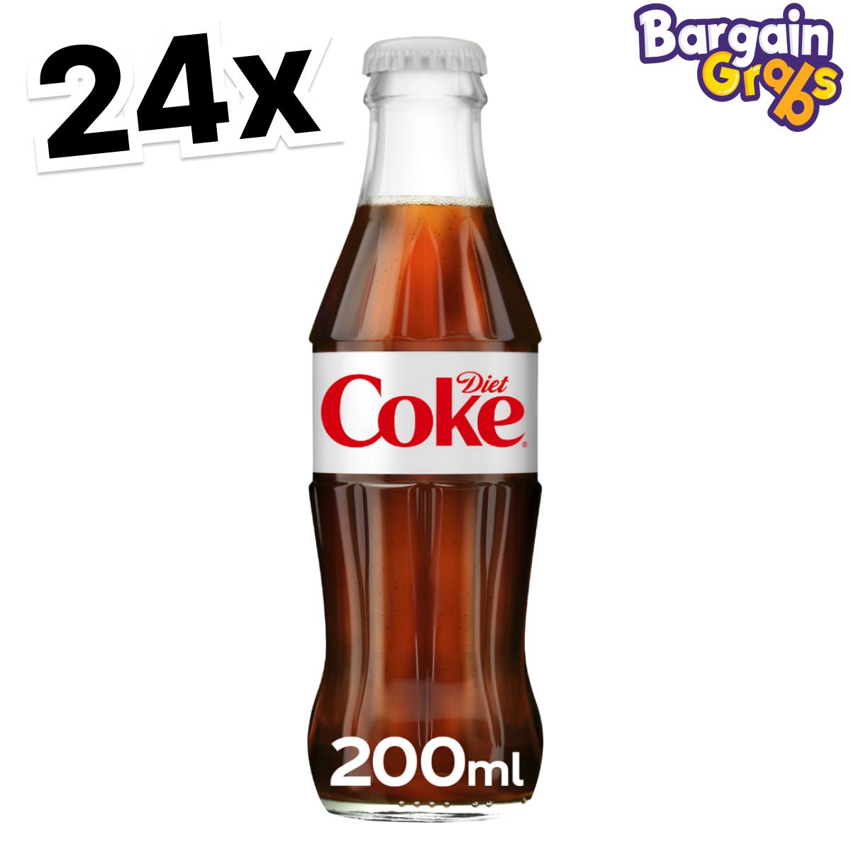 24 pack of 200ml Diet Coke glass bottles – low-calorie cola in classic glass packaging for premium serving