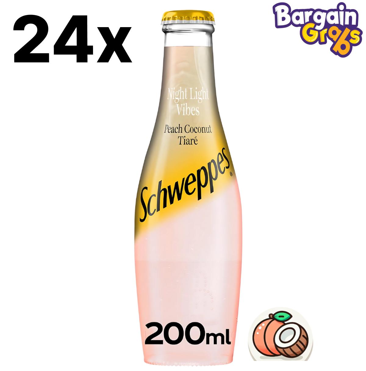 24 pack of 200ml Schweppes Peach & Coconut soda – tropical flavored fizzy drink for cocktails or mixers