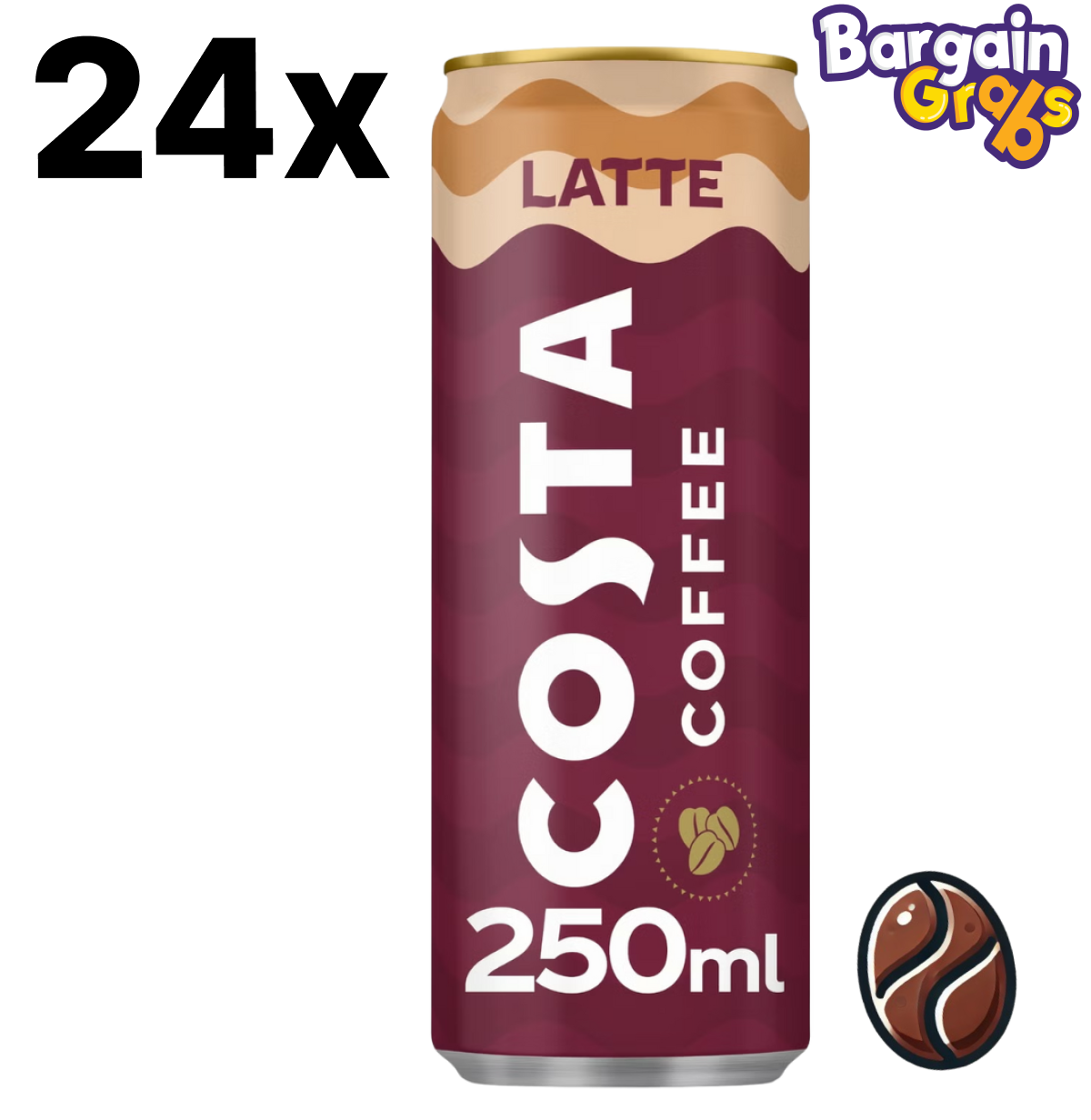 24 pack of 250ml Costa Latte cans – smooth and creamy ready-to-drink coffee beverage in convenient cans