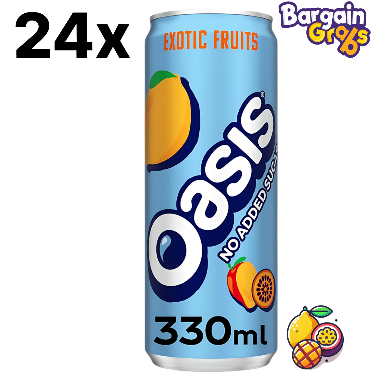 24 pack of 330ml Oasis Zero Exotic Fruits cans – sugar-free tropical fruit-flavoured soft drinks