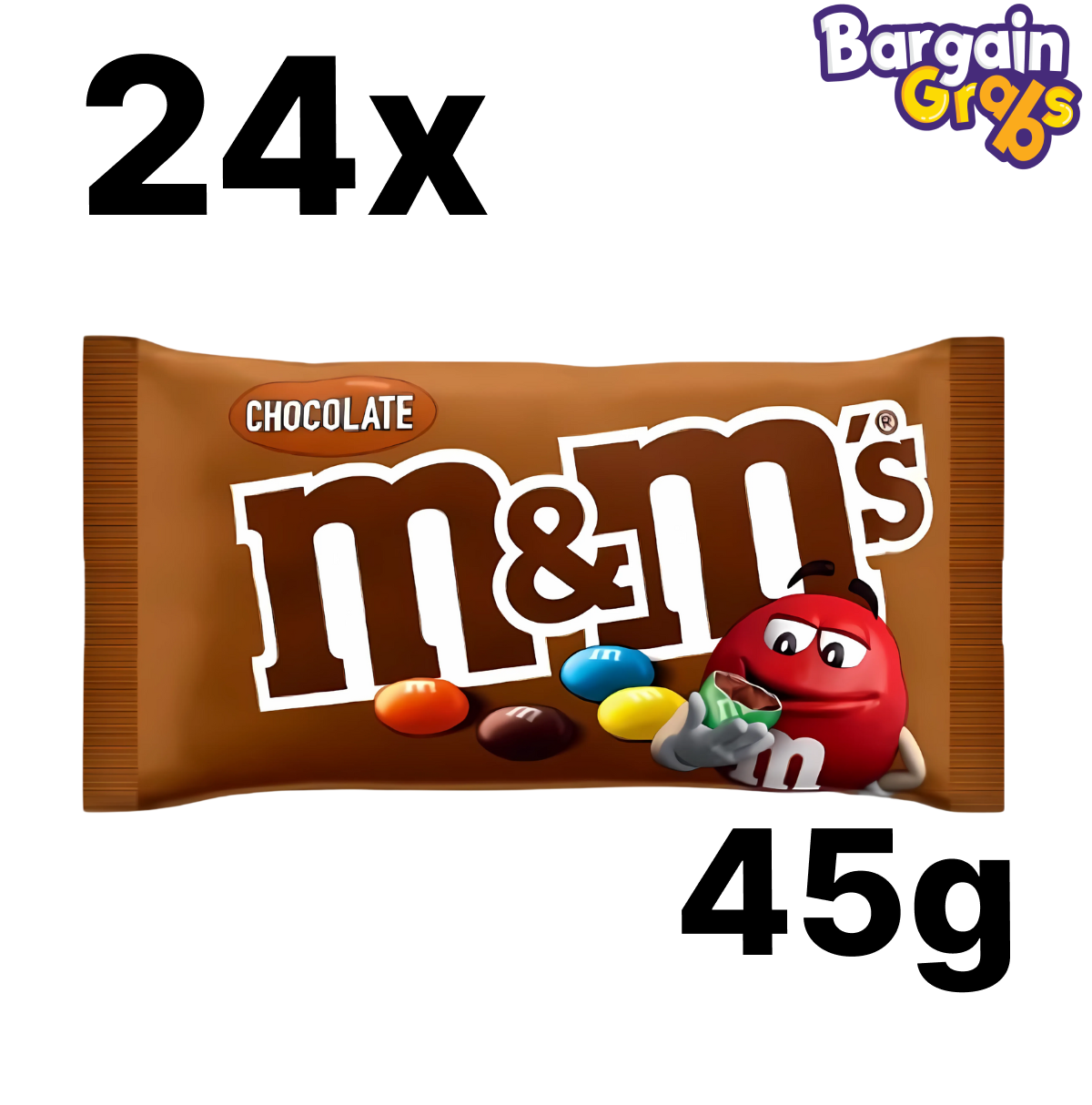 24 pack of 45g M&M’s Milk Chocolate Bags – colourful candy-coated milk chocolate treats in individual snack packs