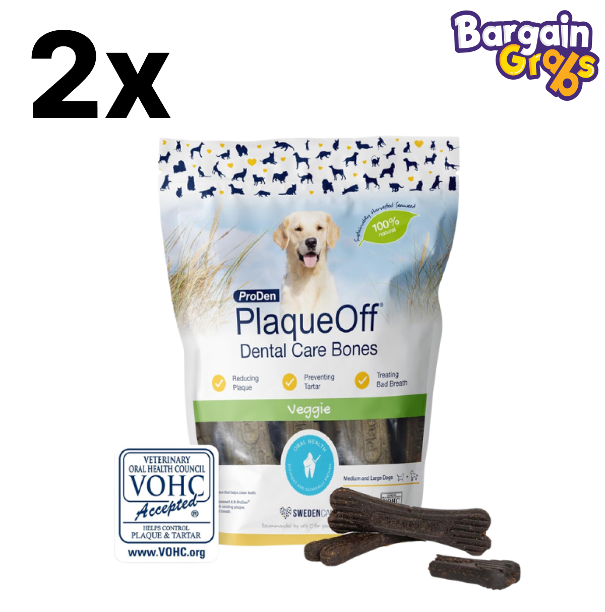 2 packs of ProDen PlaqueOff 13 Dental Bones for Medium & Large Dogs – veggie flavour dental chews to support oral health