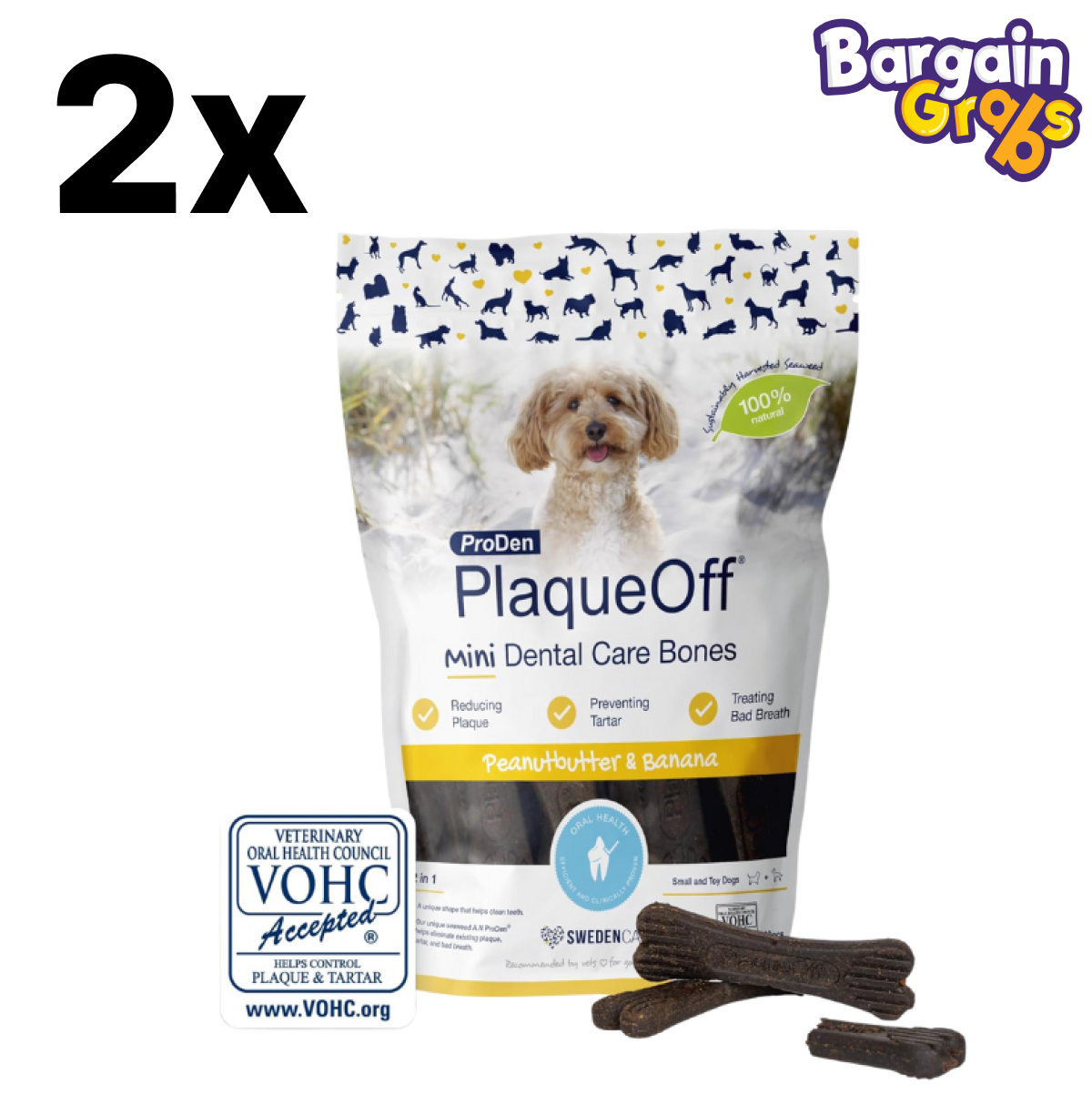 2 packs of ProDen PlaqueOff 20 Mini Dental Bones for Small & Toy Dogs – peanut butter & banana flavour dental chews for plaque and tartar control