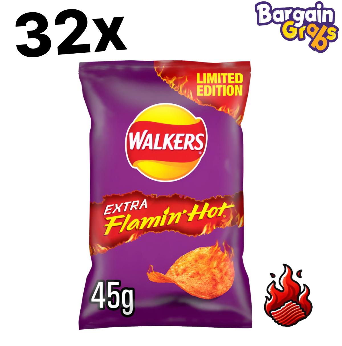 32 pack of 45g Walkers Extra Flaming Hot Crisps – spicy potato chips with intense heat and flavour