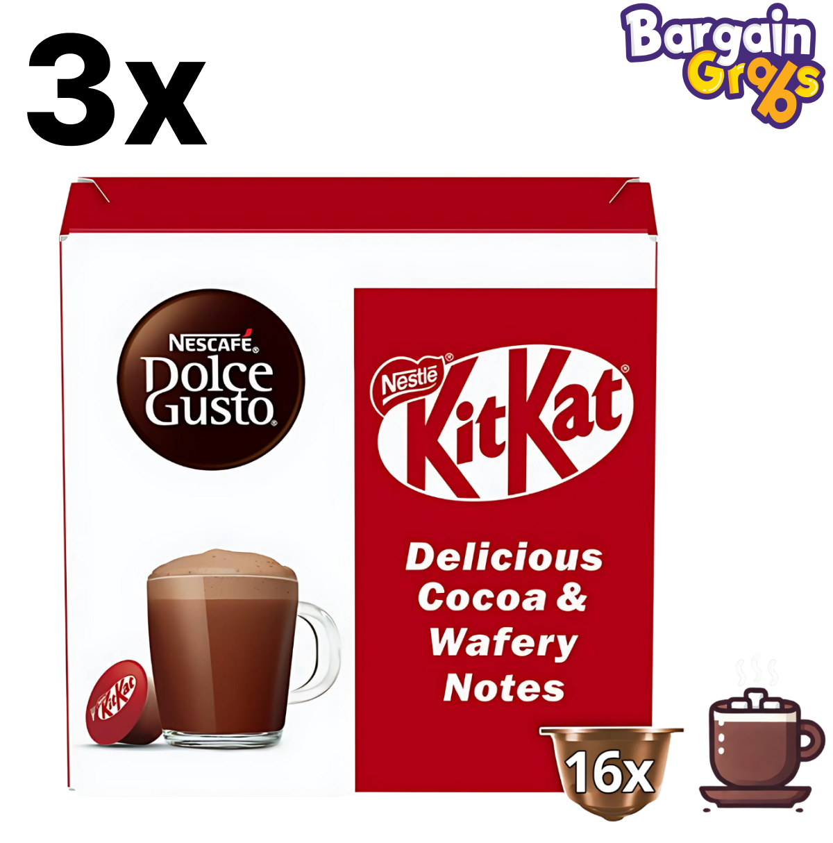 3 packs of NESCAFÉ Dolce Gusto KitKat Hot Chocolate – 16 capsules per pack for indulgent chocolatey drinks at home