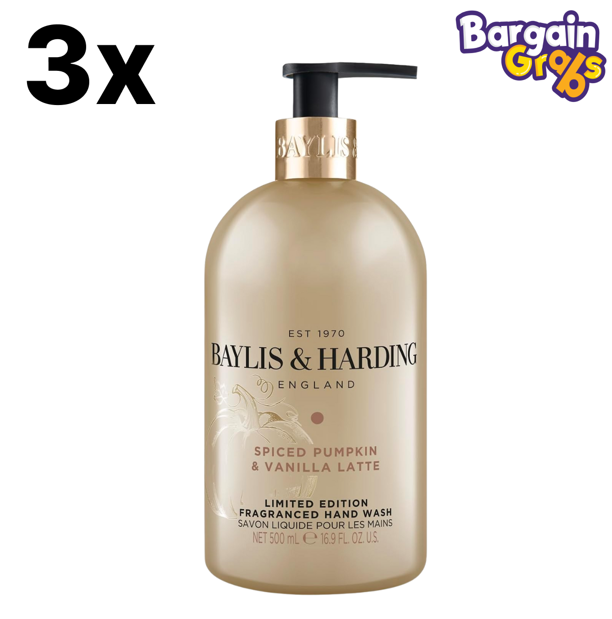 3 x 500ml Baylis & Harding Spiced Pumpkin & Vanilla Latte Hand Wash – nourishing autumn-scented liquid soap