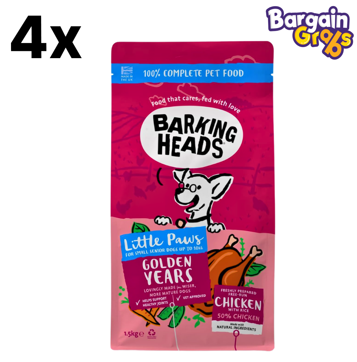 Pack of 4 Barking Heads Complete Dry Dog Food 1.5kg – natural, balanced kibble for adult dogs with wholesome ingredients