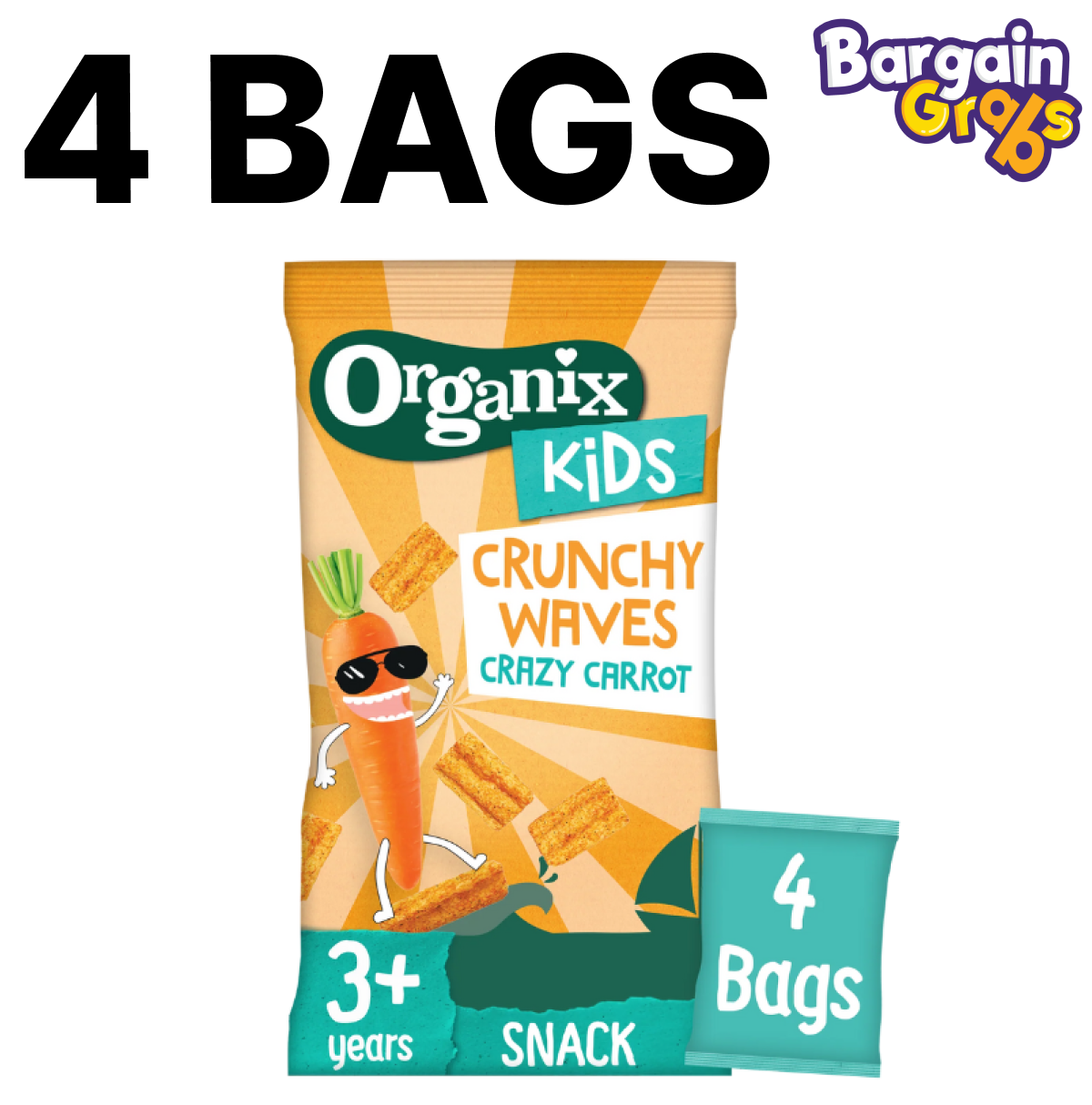 4 pack of 14g Organix Crazy Carrot Crunchy Waves – carrot-flavoured organic snacks for toddlers