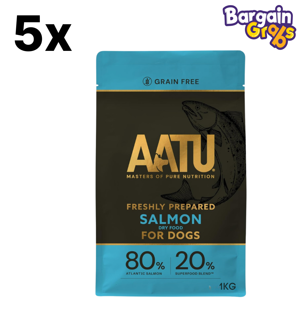 Pack of 5 AATU 80/20 Complete Dry Dog Food Salmon 1kg – premium grain-free kibble with 80% salmon for adult dogs