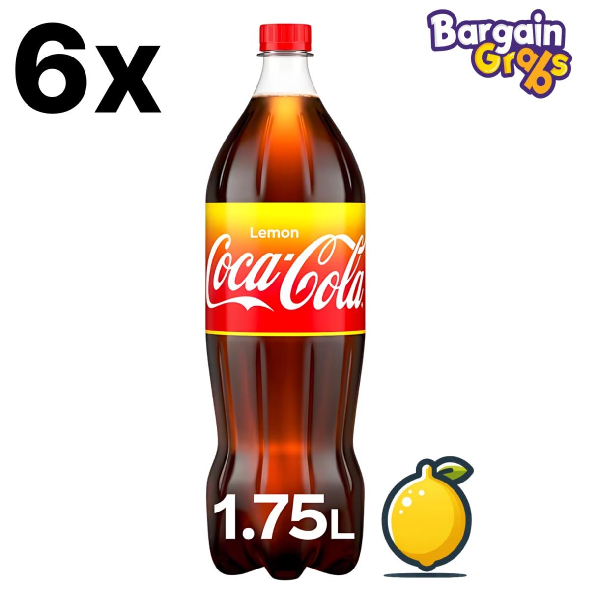 6 pack of 1.75L Coca-Cola Lemon bottles ā citrus-flavoured cola soft drink in large family-size bottles