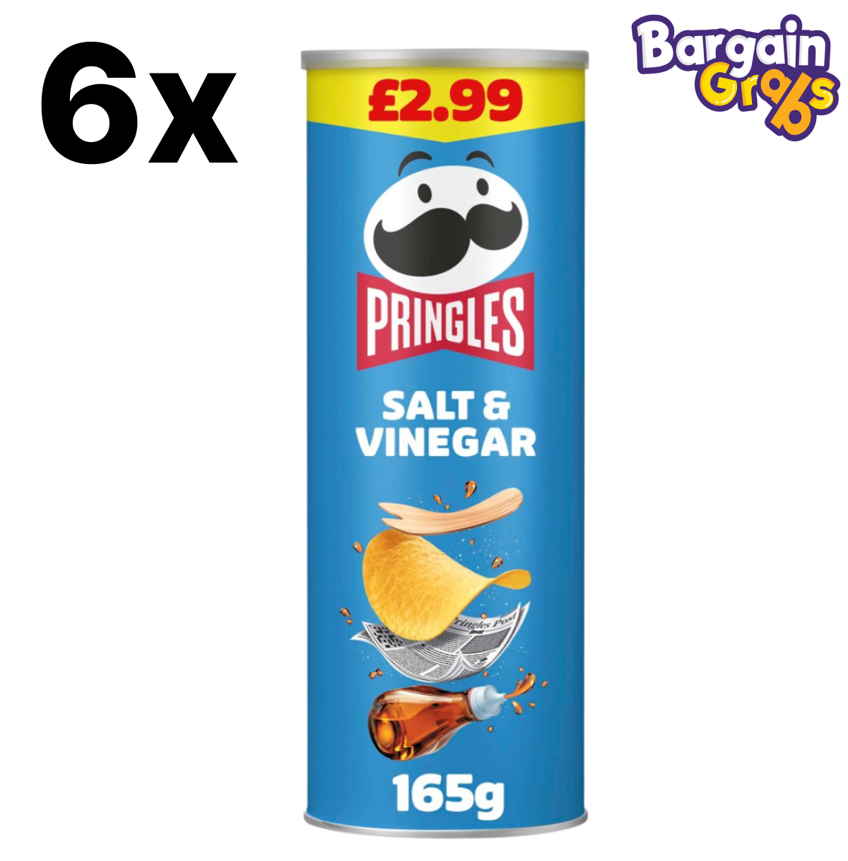 6 x 165g Pringles Salt & Vinegar – tangy potato crisps in resealable tubes