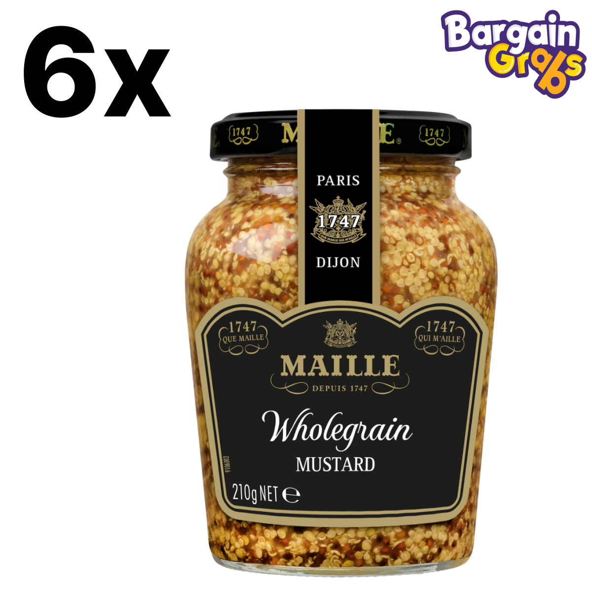 Pack of 6 x 210g Maille Wholegrain Mustard jars – premium French mustard with whole seeds for rich flavor