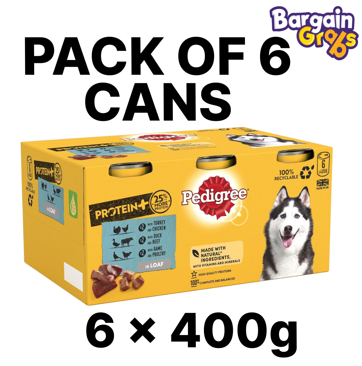 6 pack of 400g Pedigree Protein Plus Wet Dog Food for adult dogs, mixed selection in loaf
