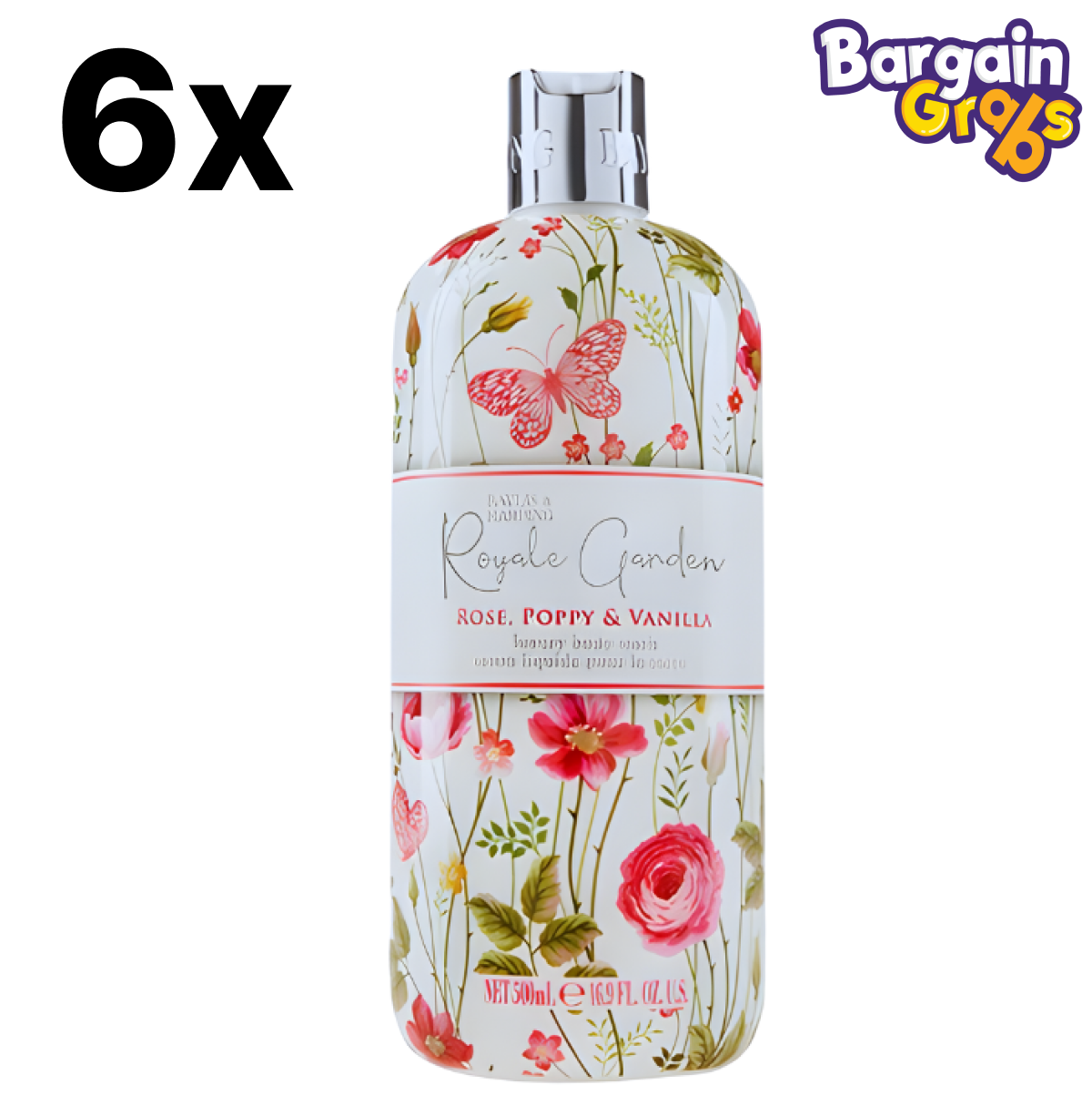 6 x 500ml Baylis & Harding Royale Garden Rose, Poppy & Vanilla Body Wash – floral scented body cleanser with a touch of vanilla